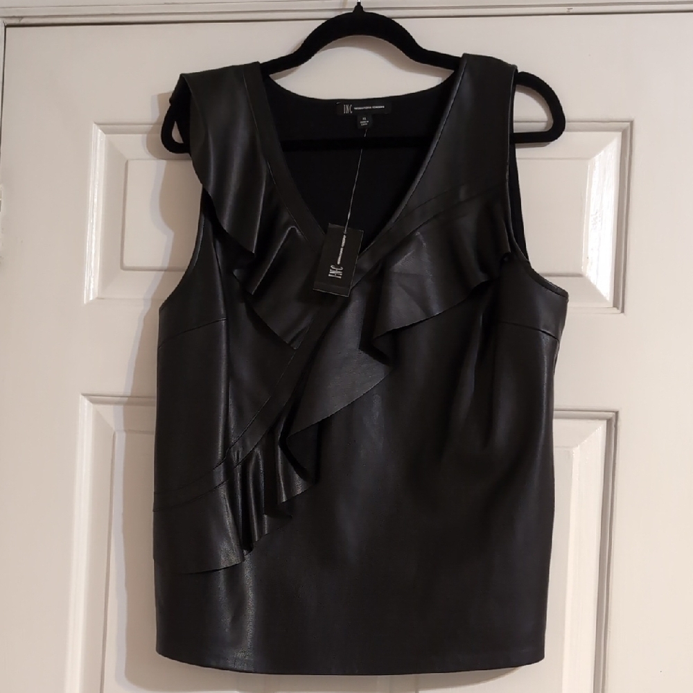 NWT - INC Black Faux Leather Ruffle Top